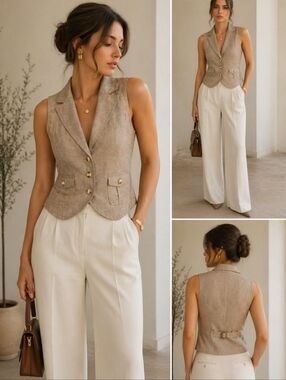 Tan Tailored Vest Button Front Structured Sleeveless Blazer Work Office Top